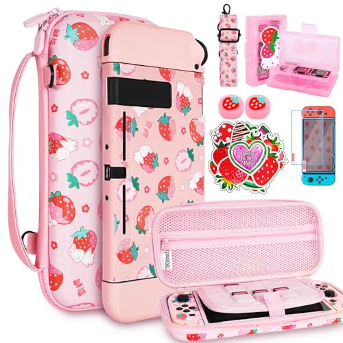 TIKOdirect Carrying Case for Switch, Cute Portable Travel Bag Accessories with Soft Protective Cover, Screen Protectors and Thumb grip caps, Game Card Case 7in1, Pink - color: Pink, size: Switch