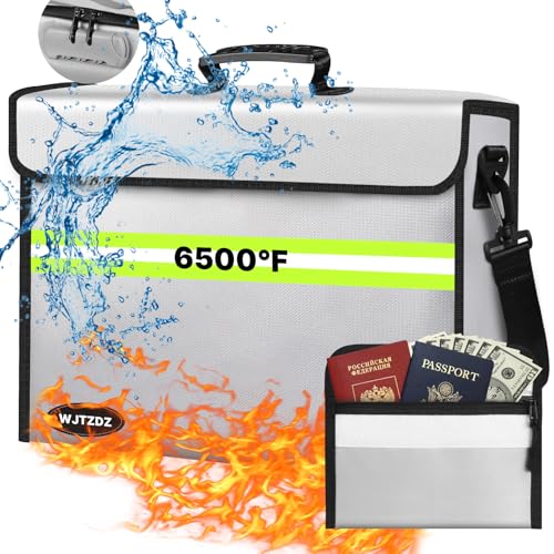 Fireproof Money Bags with Lock-6500°F Fireproof Document Box,10 Layers Insulation Materials&Waterproof Zipper,Removable Folder Layers/Wallet,Reflective Strip for Cash,Valuables(14.2”x 9.6”x 4.1”) - color: Silver, size: Medium