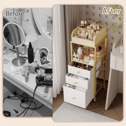Makeup Organizer Cart with Drawers Make Up Organizers for Vanity - color: Gold