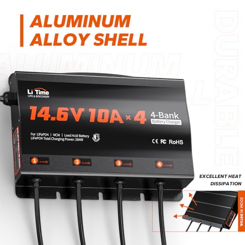 LiTime 4 Bank 12V 10A LiFePO4 Battery Charger, Waterproof, 14.6V Output
