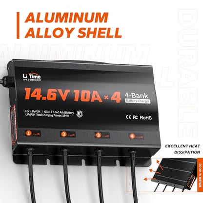 LiTime 4 Bank 12V 10A LiFePO4 Battery Charger, Waterproof, 14.6V Output