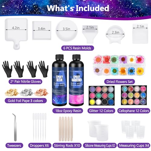 KISREL 18OZ Epoxy Resin Kit for Beginner, Resin Kit with Molds and Supplies - size: 6 Large Molds