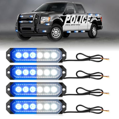 HLauto 406T Emergency Strobe Grille Lights: 4Pcs 6 LED Sync Feature Safety Warning Flashing Light, 12V-24V Ultra Slim Surface Mount Hazard Caution Light for Truck, Vehicle, Car, ATV, UTV (Blue White) - color: Blue/White