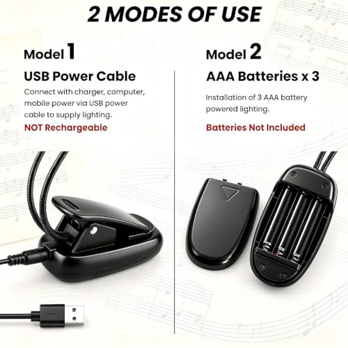 Music Stand Lights Clip On 2Pack,Dual Arm USB and AAA Battery Black - color: Black, size: 2Pack