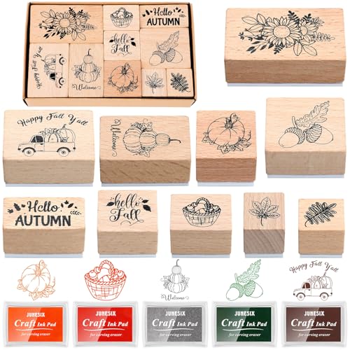 Woanger 15 Pcs Fall Wooden Rubber Stamps with Ink Pads Fall Style - color: Fall Style