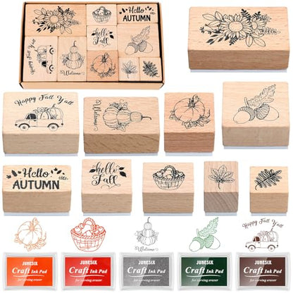 Woanger 15 Pcs Fall Wooden Rubber Stamps with Ink Pads Fall Style - color: Fall Style
