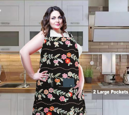 Plus Size Adjustable Bib Apron Water Resistant Canvas Extra Wide Long Ties Aprons with 2 Pockets Kitchen Cooking Gardening - color: Floral Wave Pattern