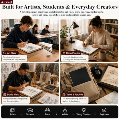 Ankkol Sketch Book 9x12, Top Spiral Bound Sketchbook,100 Sheets_68lb/100gsm