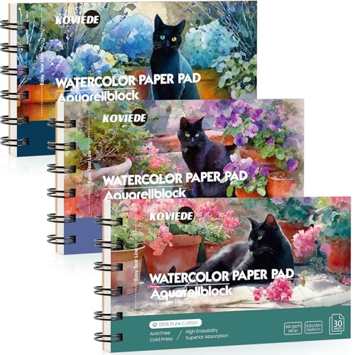 KOVIEDE 100% Cotton Watercolor Paper Pad 3.5"x5.5" (3 Pack, 30 Sheets Each) - color: Cat-3 Pack, size: 3.5"x5.5"