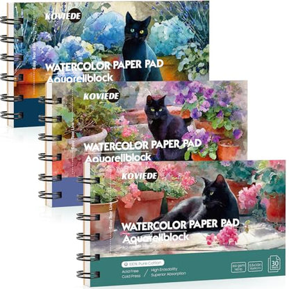 KOVIEDE 100% Cotton Watercolor Paper Pad 3.5"x5.5" (3 Pack, 30 Sheets Each) - color: Cat-3 Pack, size: 3.5"x5.5"