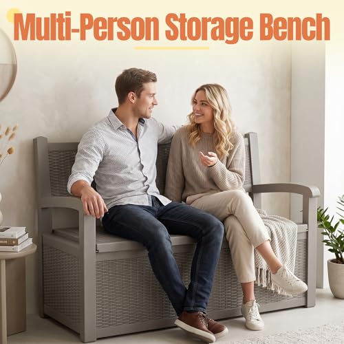 Storage Bench Outdoor Deck Box, 100 Gallon Lockable Patio Furniture, Grey