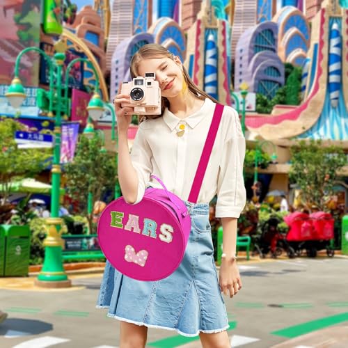 Chenille Letter Bow Mouse Ears Travel Case, Large Round Tote Storage Box - color: Rosy Red