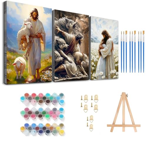 Axquilon 3 Packs Jesus Framed Paint by Numbers Kit for Adults 8x10in - color: 3 Pack Jesus with Easel