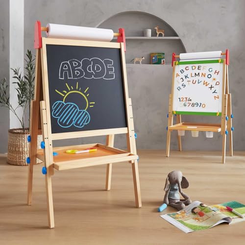 Tiny Land Wooden Easel for Kids, Art Easel with Chalkboard & Whiteboard - color: Natural