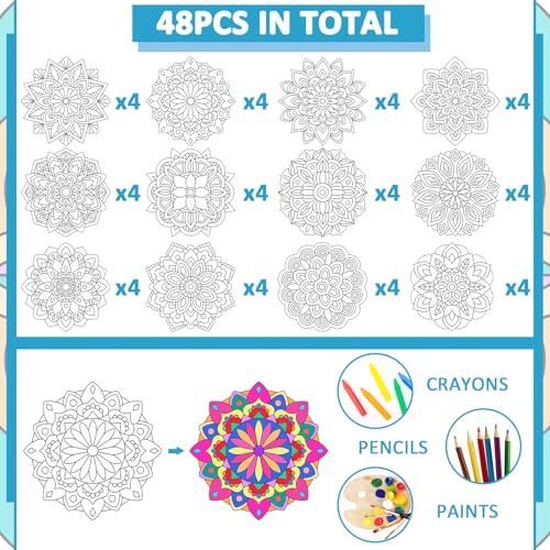 48 Pcs Mandala Coloring Cutouts Set DIY Your Own Mandala Cards, 12 Designs