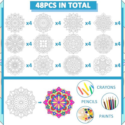 48 Pcs Mandala Coloring Cutouts Set DIY Your Own Mandala Cards, 12 Designs