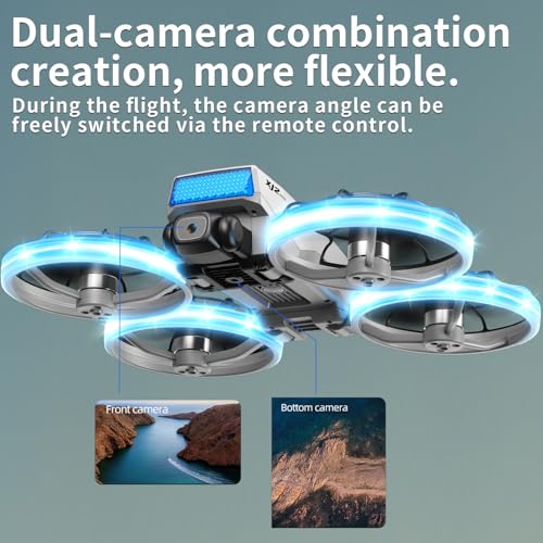 foldable mini drone, high-definition camera drone, quadcopter aircraft, 2.4-inch foldable remote control, 2 batteries and carrying case - safety propeller protection device, equipped with LED body light, weighing less than 250 grams, lightweight and porta