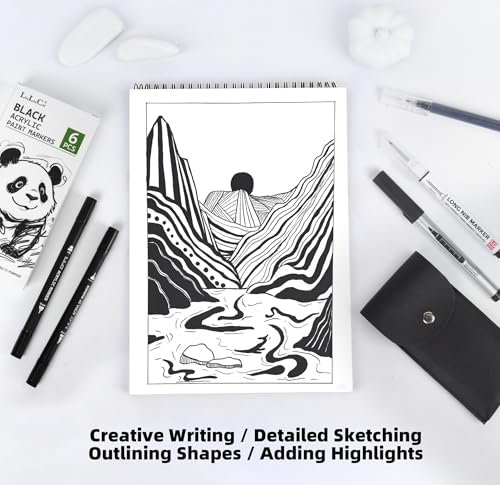 LIULIUCAI 6 Pcs Black Paint Pens,Black Gel Pen, Dual-Tip Acrylic Markers