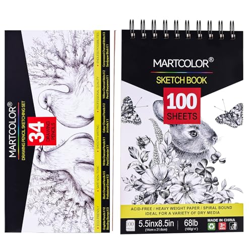 MARTCOLOR Drawing Sketching Pencils Set, 34 Pieces Pro Art Pencil Kit and 5.5X8.5” Premium Sketch Book Set, 1 Pack, 100 Sheets(68 lb/100gsm) Sketchbook