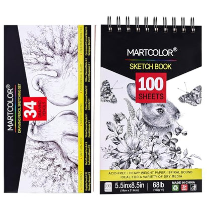 MARTCOLOR Drawing Sketching Pencils Set, 34 Pieces Pro Art Pencil Kit and 5.5X8.5” Premium Sketch Book Set, 1 Pack, 100 Sheets(68 lb/100gsm) Sketchbook