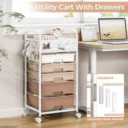 5 Drawer Rolling Storage Cart with Pegboard Top and Hooks, Brown - color: Brown, size: 5-Drawers