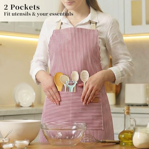 2 Pack Cooking Aprons Adjustable Bib Apron for Women with 2 Pockets, Kitchen Restaurant Men Chefs Aprons - color: Pink/Blue Stripes