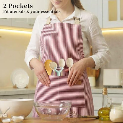 2 Pack Cooking Aprons Adjustable Bib Apron for Women with 2 Pockets, Kitchen Restaurant Men Chefs Aprons - color: Pink/Blue Stripes