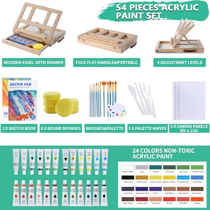 Portable Wooden Tabletop Art Easel Set with 24 Acrylic Paints for Painting