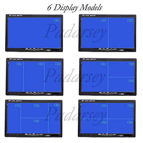 Padarsey 7" TFT LCD Car Rearview Quad Split Monitor,Remote Control, 4 Channels RCA Video Inputs(4-PIN Shockproof Connector) - 12V-24V 800×480HD Screen w/Sunshade Anti-Glare