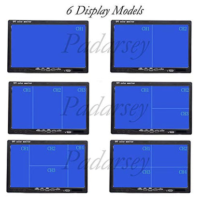 Padarsey 7" TFT LCD Car Rearview Quad Split Monitor,Remote Control, 4 Channels RCA Video Inputs(4-PIN Shockproof Connector) - 12V-24V 800×480HD Screen w/Sunshade Anti-Glare
