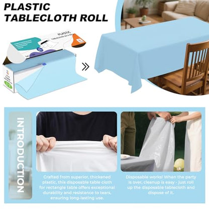 54IN X 160FT Plastic Table Cover Roll with Cutter Box, Cut to Size Plastic Table Cloths for Parties, Birthday, (Light Blue, 54"x1920") - color: Light Blue, size: 1920" x 54" (Rectangular)