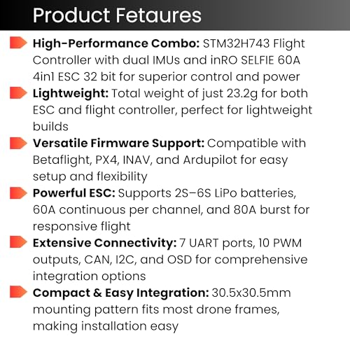 AERO SELFIE H743 Flight Controller with 60A 32 bit ESC 30x30 Stack: Supports 2-6S LiPo, Dual IMU, Compass, Barometer, Compatible with Betaflight, INAV, PX4, Ardupilot for FPV & Racing Drones