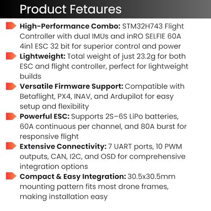 AERO SELFIE H743 Flight Controller with 60A 32 bit ESC 30x30 Stack: Supports 2-6S LiPo, Dual IMU, Compass, Barometer, Compatible with Betaflight, INAV, PX4, Ardupilot for FPV & Racing Drones