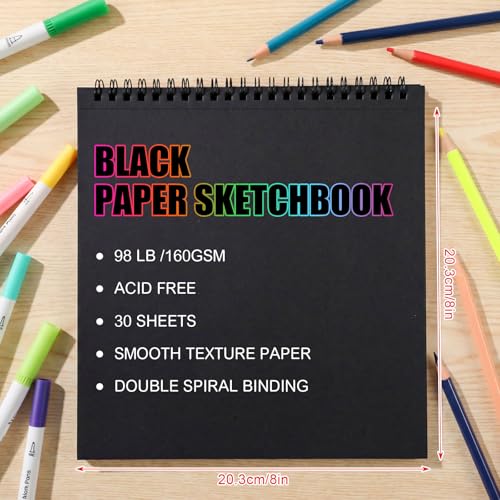 Black Paper Sketchbook 8 × 8 in, 30 Sheets, 160gsm Spiral Bound Drawing Pad - size: 8×8 Inch (1 pack)
