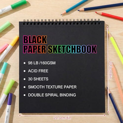 Black Paper Sketchbook 8 × 8 in, 30 Sheets, 160gsm Spiral Bound Drawing Pad - size: 8×8 Inch (1 pack)