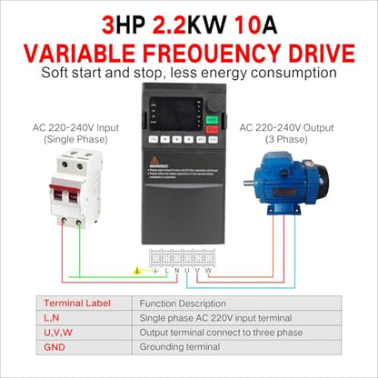 VFD 220V / 2.2KW 3HP 10A ，Single Phase 220V-240V Input to 3 Phase 220V-240V Output Variable Frequency Drive, VFD for AC Motor Speed Control ，Single-Phase Input, 3 Phase Output