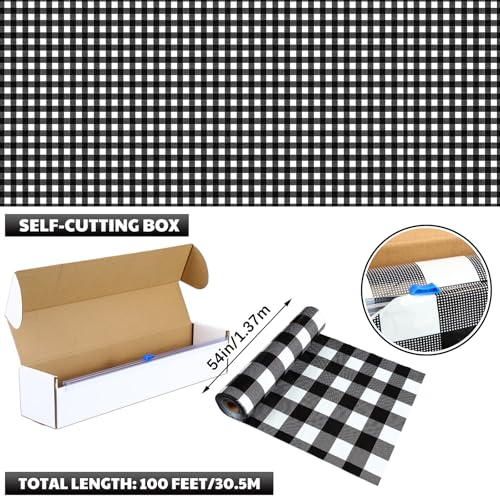 Oudain 54 Inch x 100 ft Black and White Gingham Tablecloth Roll Cutter Box - style: Black Gingham