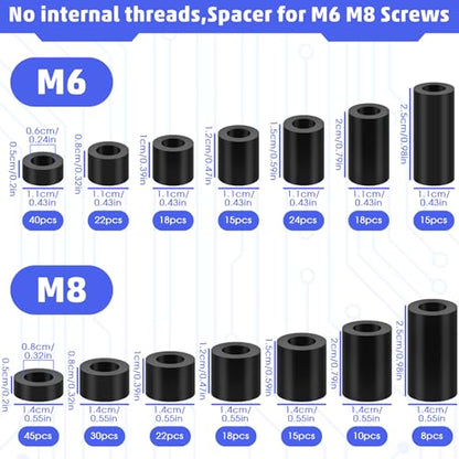 300Pcs Black Nylon Round Spacer M6 M8 Non-Threaded Assortment Kit