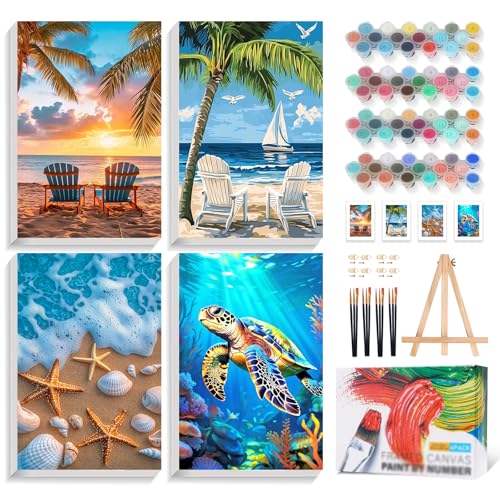 4 Pack Framed Paint by Numbers Kit for Adults with Wooden Easel, Beach - color: YOP4P07