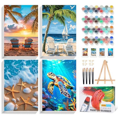 4 Pack Framed Paint by Numbers Kit for Adults with Wooden Easel, Beach - color: YOP4P07
