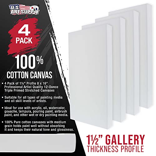U.S. Art Supply 8"x16" Stretched Canvas for Painting, Gallery Depth 4-Pack - size: 8" x 16"