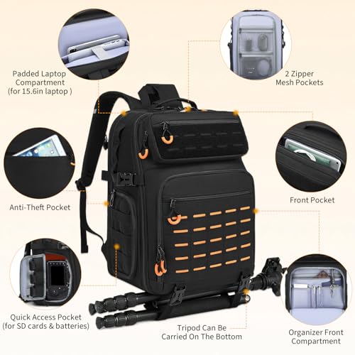 HAMBOLY Professional Camera Bag Backpack for DSLR, SLR & Mirrorless - color: Black + Orange
