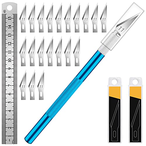DIYSELF Precision Hobby Knife Set with 20#11 Blades, 6-Inch Metal Ruler - color: Blue-20blades
