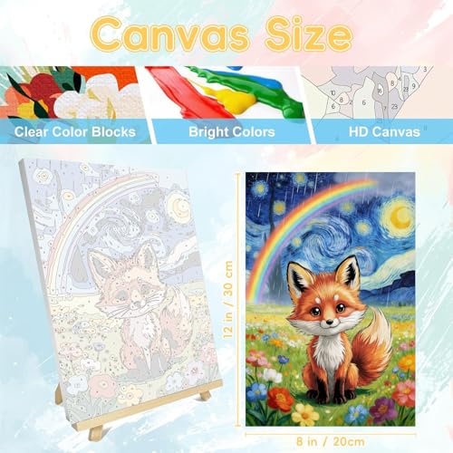 HITO Fox Paint by Numbers Kit for Kids 6-8-12 with Frame Easel 8X12 inch - color: Fox