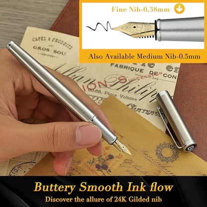BEILUNER Luxury Fountain Pen Set,Solid 24K Gilded(Fine)-Charming Silver - color: Silver, style: Fine Nib