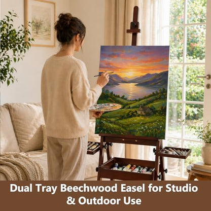 Wooden H-Frame Studio Easel with Storage Drawer and Palettes, Walnut - style: Side Trays Walnut