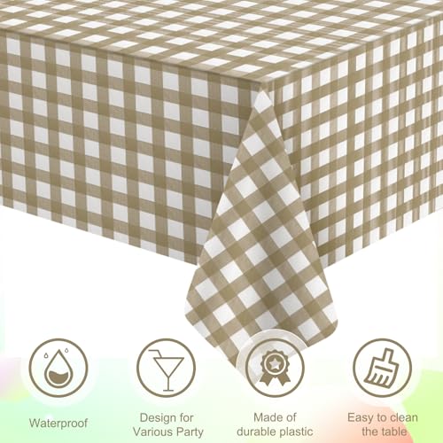 3Pcs Brown Gingham Tablecloths, Checkered Party Table Covers 54x108 In - color: Khaki and White