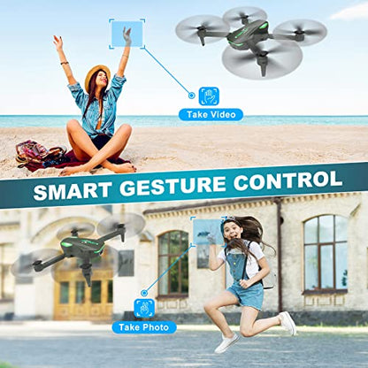 Drone with 1080P Camera for Beginners and Adults, Foldable Remote Control Quadcopter with Voice Control, Gestures Selfie, Altitude Hold, One Key Start, 3D Flips, 2 Batteries, Toy for Beginners - color: Green