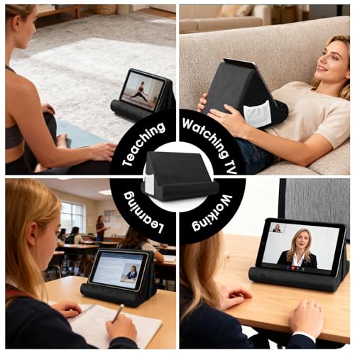 Universal Tablet Cushion Stand - Multi-Angle Lazy Holder with Net Pocket & Phone Stands Options for Lap, Knee, Sofa, Bed (Black) - color: Black