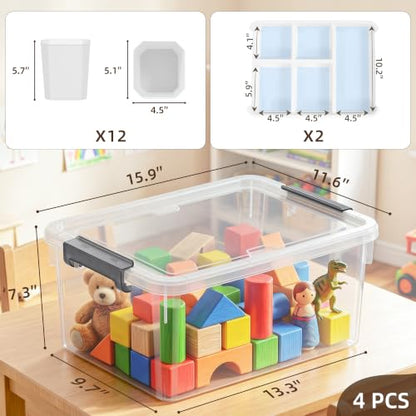 Citylife 17QT 4-Pack Storage bins with Lid 6 Marker inserts Buildable Lid - size: 4 Pack-17 QT-W